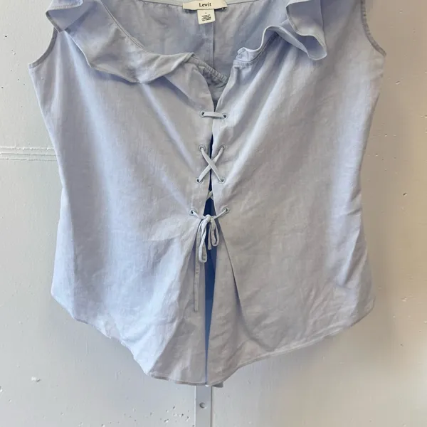 🍁 Lewit Linen Cotton Lace Up Ruffle Sleeveless Blouse Summer Boho Light Blue Sm - Image 4