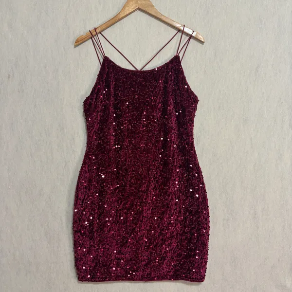 Sequin Velvet Mini Dress Burgundy Bodycon Strappy Party Hoco Glam Formal NYE XL - Image 5