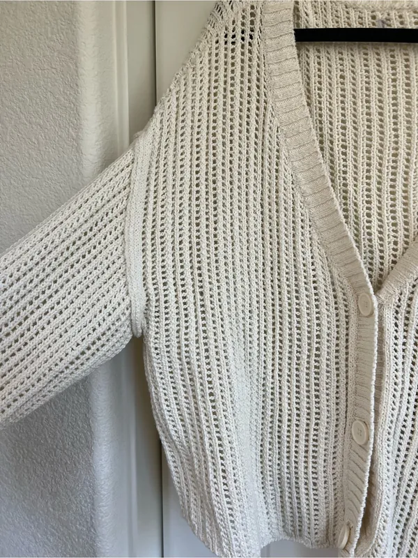 American Eagle Cream Open-Knit Cardigan Sweater - Image 3