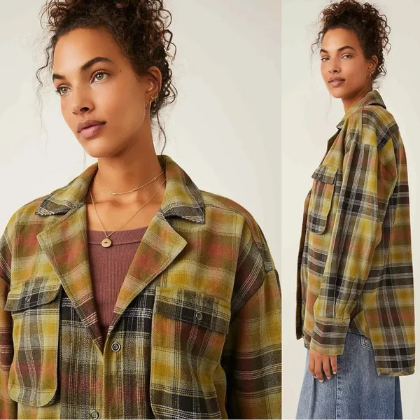Free People Grunge 90s Flannel Plaid Izzie Cargo Shirt Jacket Shacket Medium - Image 8