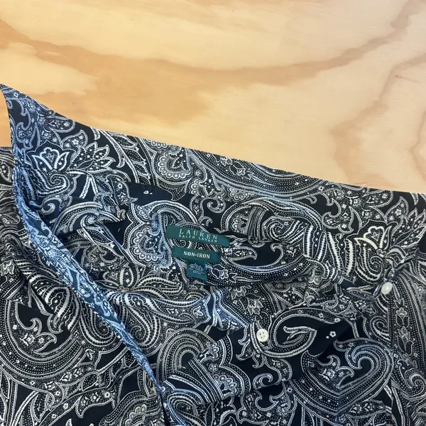 Lauren Ralph Lauren Black White Paisley Non-Iron Cotton Button Down Shirt Large - Image 7
