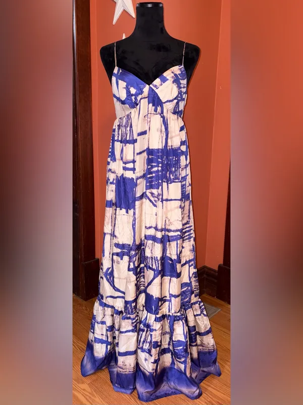 Blue and White Abstract Print Maxi Skirt - Image 2