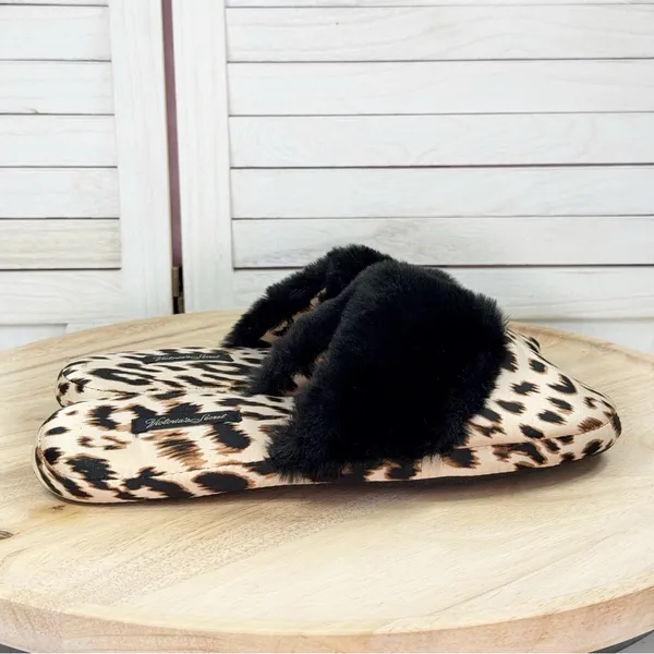 Victorias Secret Leopard Print Faux Fur Trim Satin Slippers‎ Tan Black Medium - Image 2