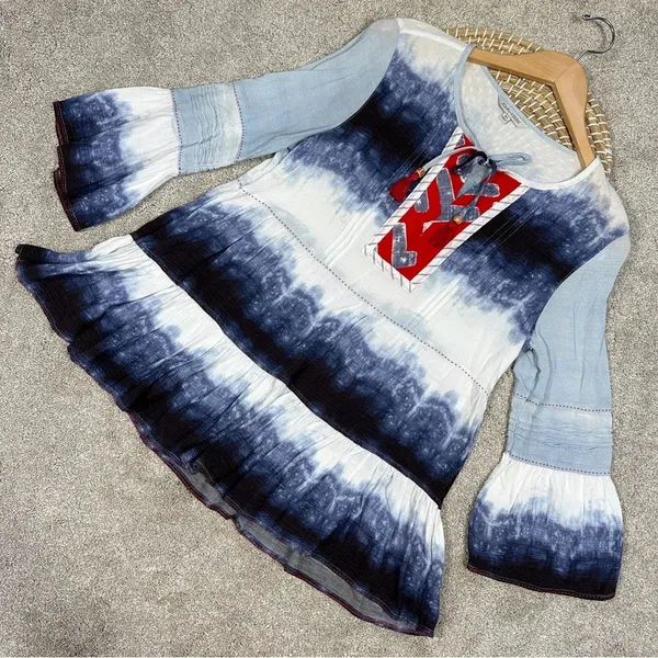 John Mark Ombre Tie Dye Tiered Blouse Tunic Peasant Tassel Artsy Bell Sleeve M - Image 3