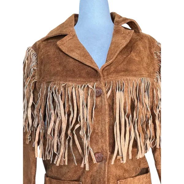 Vintage Tan Suede Leather Fringe Jacket‎ Western Boho Cowgirl Leather Coat Small - Image 2