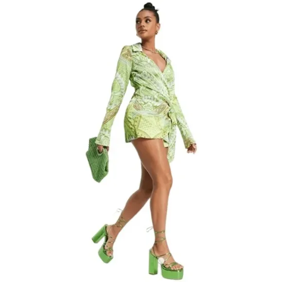 ASOS DESIGN -1014 heavy‎ satin wrap knot front romper green paisley size 4 - Image 3