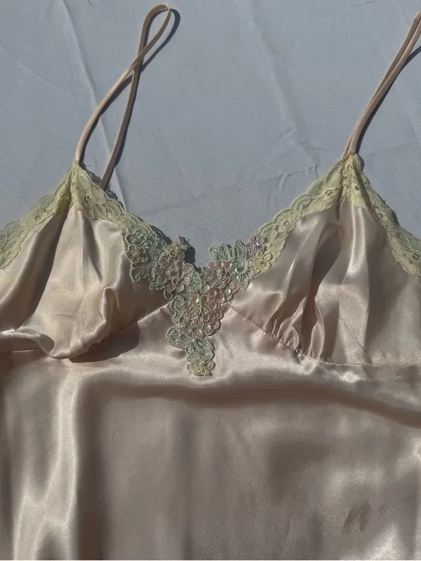 Cinema Etoile Satin Nightgown Robe Set Pink Lace Medium Vintage Style - Image 11