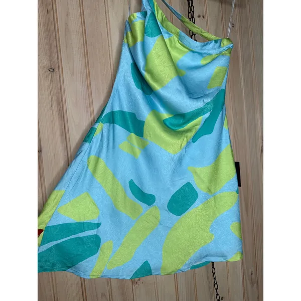 NWT Lulus Betania Blue Multi Abstract Satin One-Shoulder Mini Dress Party Size M - Image 5