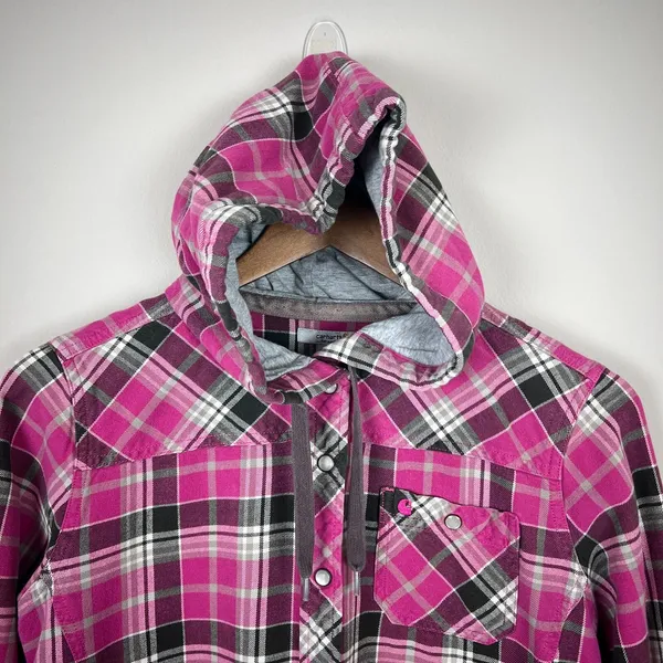 Carhartt Flannel Shirt Womens Small‎ Pink Plaid Hooded Pearl Snap Rugged Shacket - Image 3