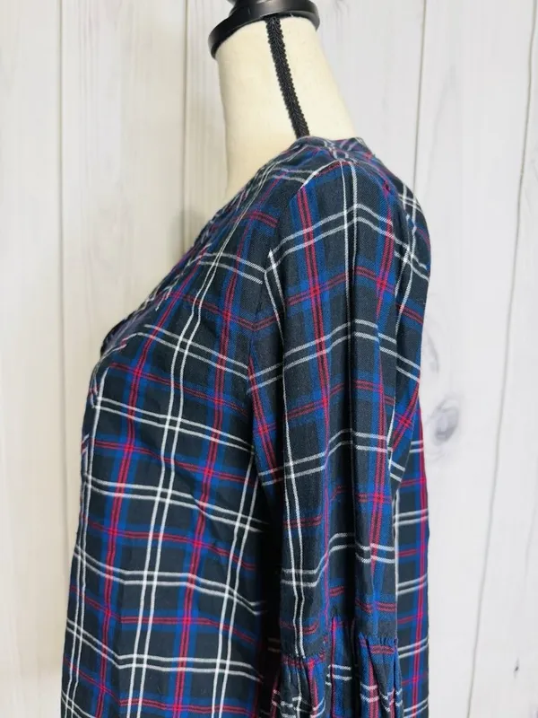 Ann Taylor Loft Plaid Tunic Blouse Women's Sz M V-Neck Black Blue Red - Image 5