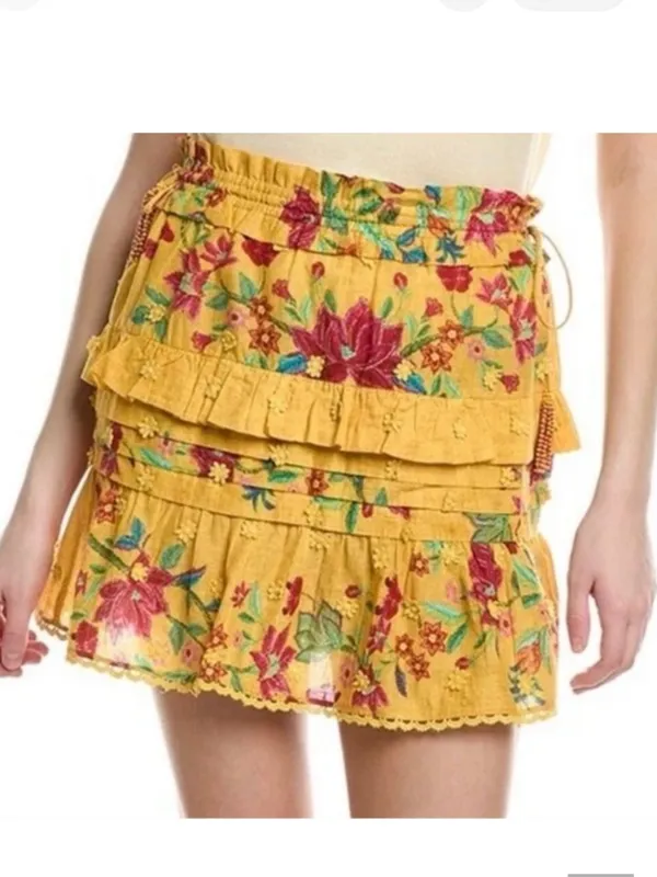 FARM Rio Yellow Floral Tiered Mini Dream‎ Skirt Small Boho Ruffle Eyelet Small - Image 3