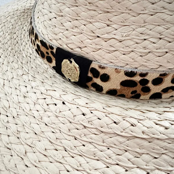 Vince Camuto Beige Straw Leopard Pony Hair Band Summer Hat Floppy Panama OS - Image 4