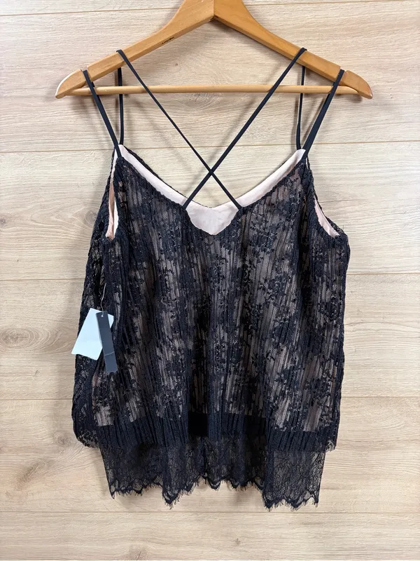 Lily Black Strappy Crossback Black/Tan Lace Cami Tank Top - Image 4