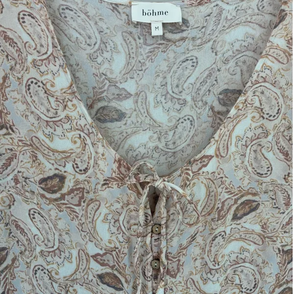 Bohme Womens Paisley Tiered Babydoll Mini‎ Dress Tan Brown V-Neck Rayon FD6018 M - Image 4