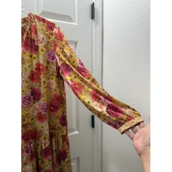 Current Air Los Angeles Floral Tiered Midi Dress Yellow Pink V-Neck Size‎ L - Image 7