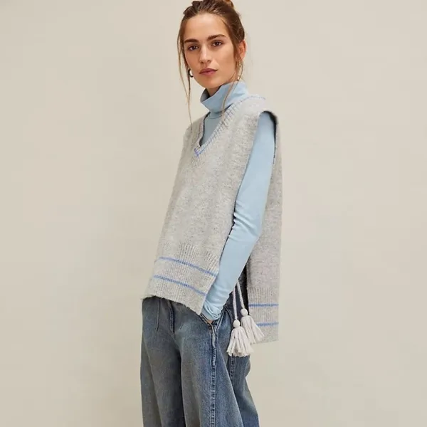 Free People‎ All Star Stripe Poncho Vest Gray Blue V-Neck Side Tie Tassels OS - Image 3