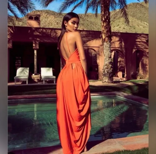 House of CB Ischia Orange Cutout Plunge Backless Maxi Dress M Goddess Resort - Image 6