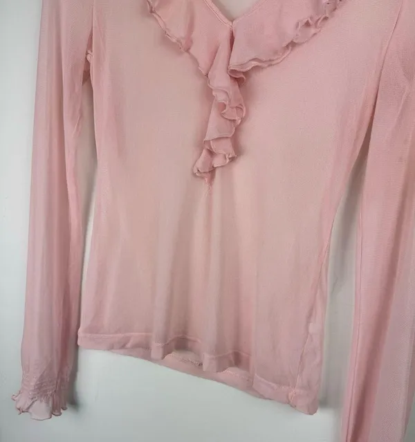 Vtg Y2K Pink Sheer Ruffle Neck Top Sz XS - Image 5