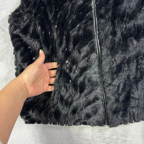 Betsey Johnson M Black Faux Fur Metalic Sequin Vest Full Zip Leopard Lined - Image 4