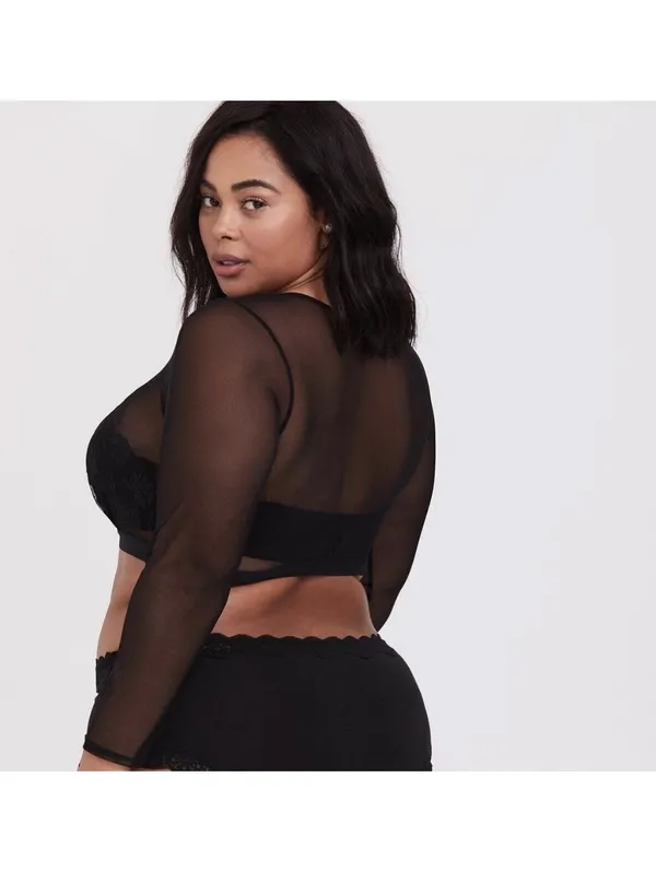 Torrid Curve Womens 1 1X Black Sheer Mesh Floral Embroidered Top Long Sleeve - Image 2