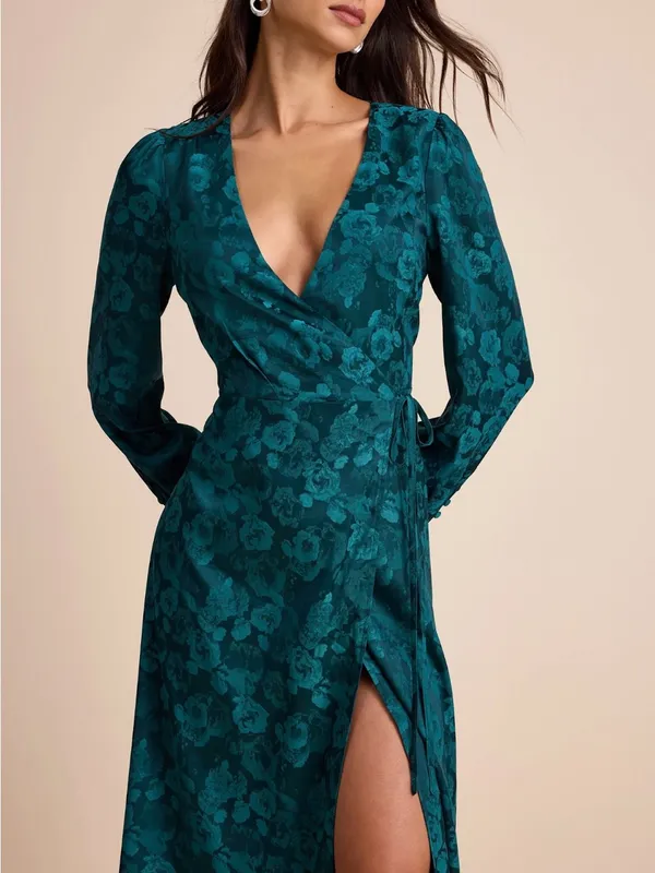 Lulu's Teal Floral Wrap Maxi Gown with Slit - Image 2