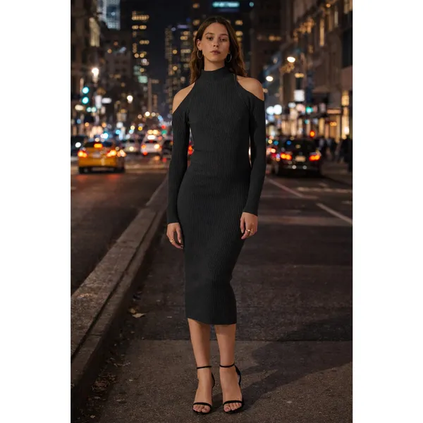 ASTR the Label Cold Shoulder Mock Neck Midi Sweater Dress in Charcoal. Size S. - Image 2