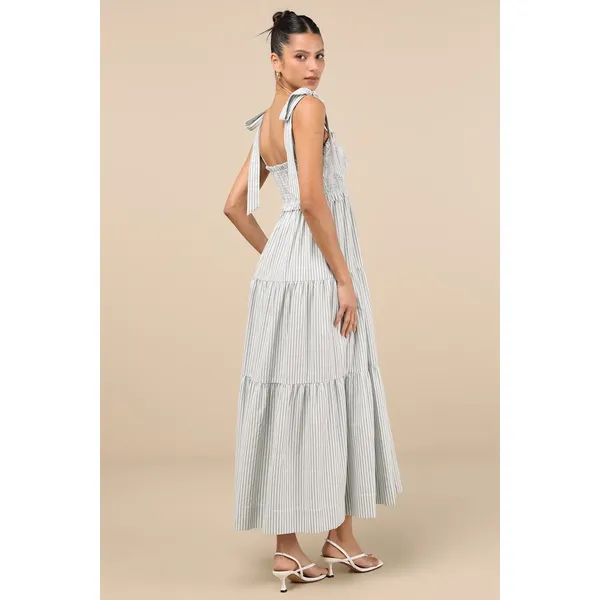 NWT Lulus Bembe Sage Striped Tie-Strap Tiered Maxi Dress Smocked Beachy Size XL - Image 3