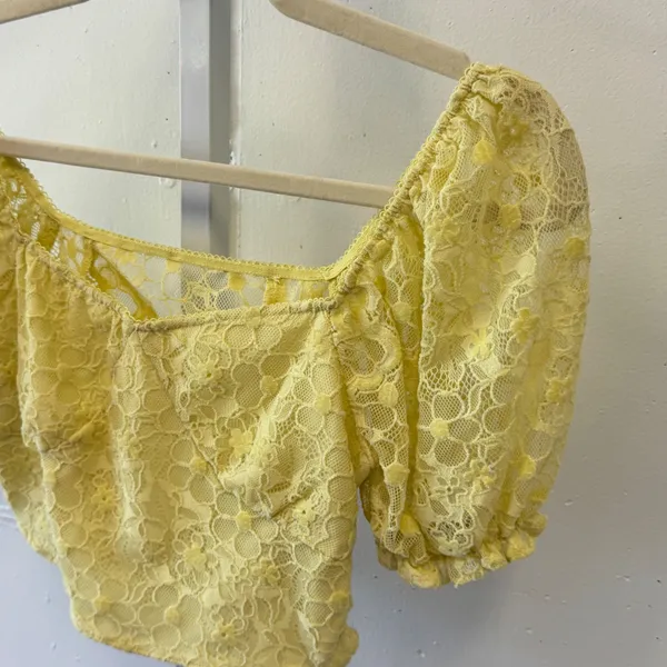 Cider Yellow Floral Lace Puff Sleeve Crop Top Sweetheart Neck Size S Coquette - Image 3