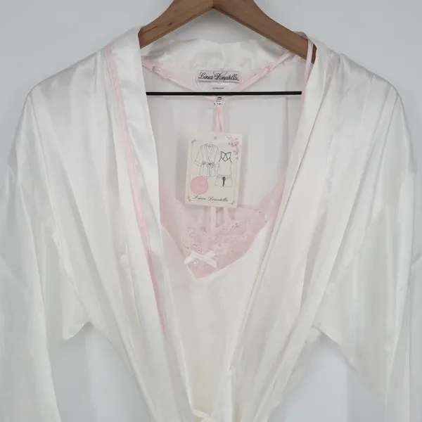 Linea Donatella Bride Satin Wrap Robe Set Women M Beige Pink Tie Waist Sleepwear - Image 3