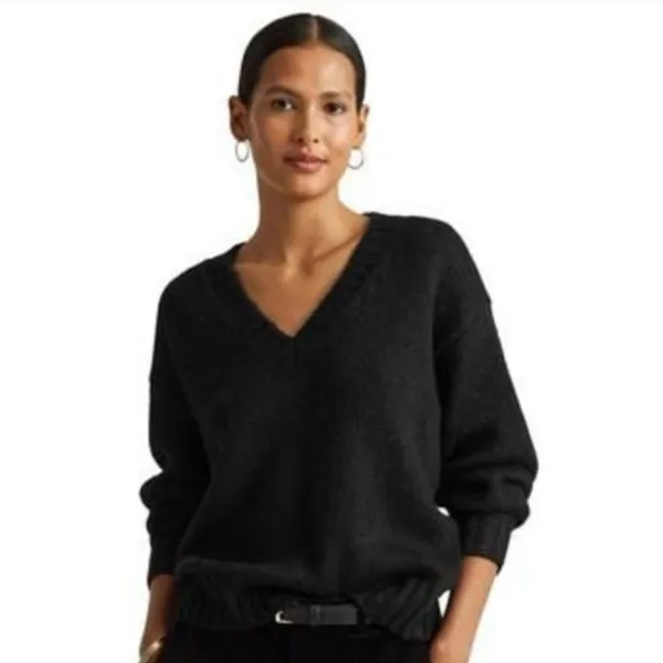 NWOT LAUREN RALPH LAUREN Black Metallic Thread Ribbed Long Sleeve Sweater - Image 2