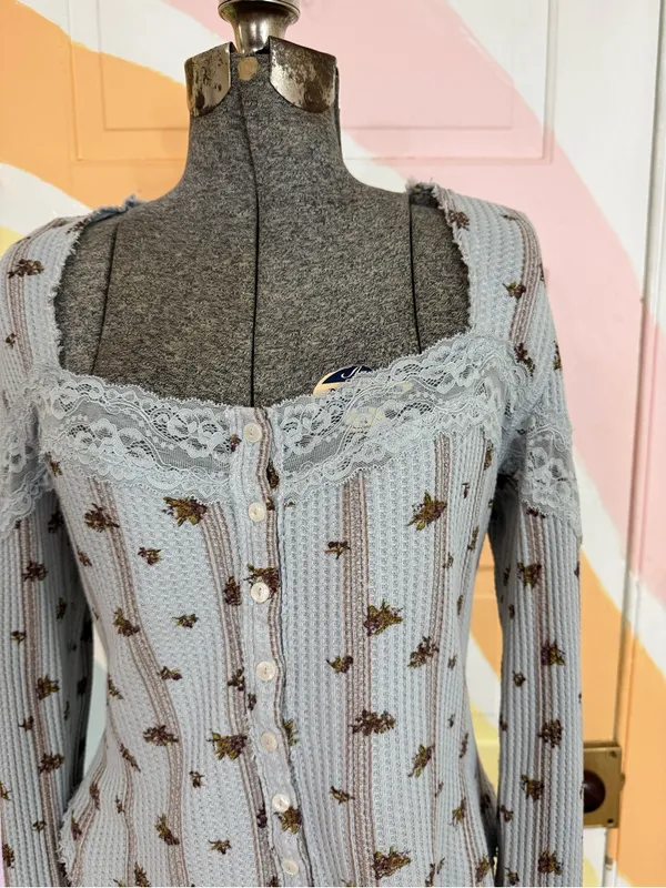 Free People Lets Party Floral Lace Trim Cotton Cardi Boho Cottagecore Sz Med 💛🍄 - Image 6