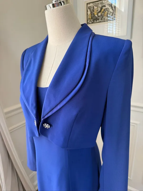 Vintage 90s Black Tie Oleg Cassini Cobalt Blue 2pc Column Gown Dress Bolero Jack - Image 6