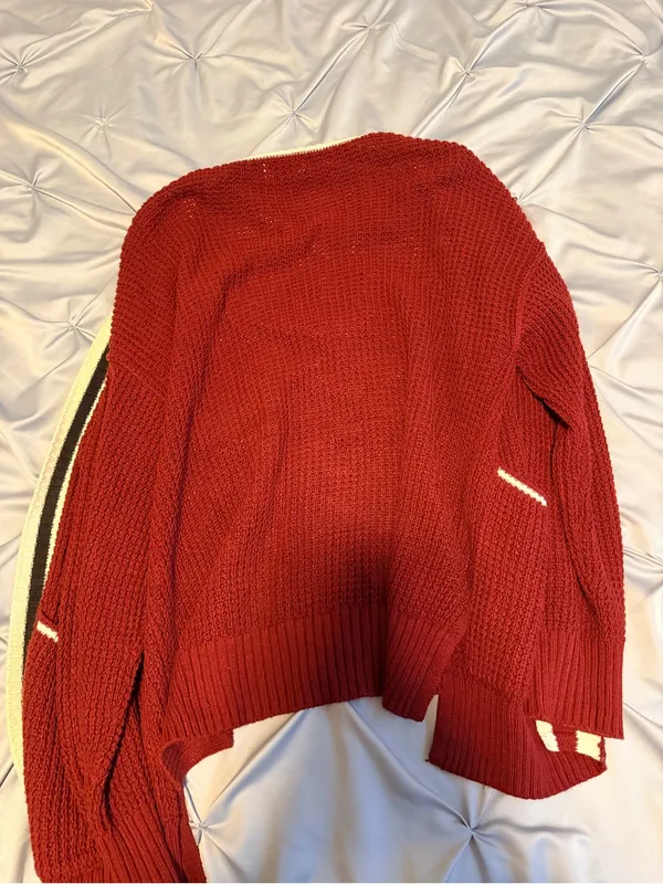 Universal Thread Burgundy Waffle-Knit Crewneck Sweater with Cream Stripe - Image 3