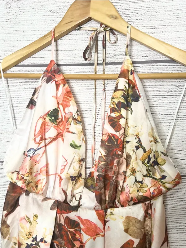 L'ATISTE Cream Floral Satin Halter Maxi Dress with Slit Size Large - Image 2