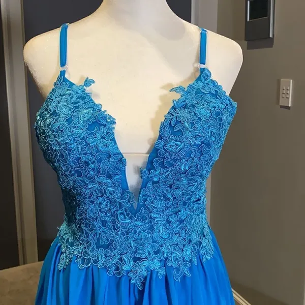 Women’s Blue Prom Party Dress Full Length with Leg Slit 4 **READ DESCRIPTION - Image 2