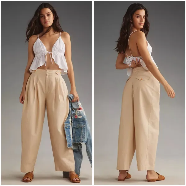 Anthropologie Maeve High Rise Utility Barrel Trouser Pants in Khaki Tan Size 0 - Image 3