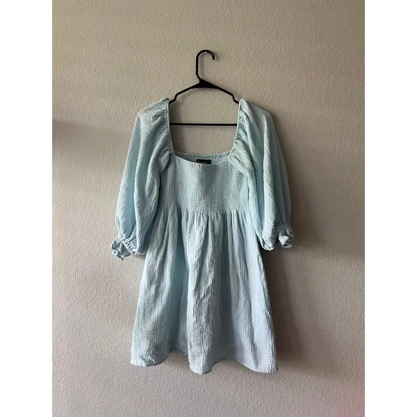 Kourt Portia Smocked Mini Dress Blue Babydoll Square Neck Balloon Sleeve Cotton - Image 2