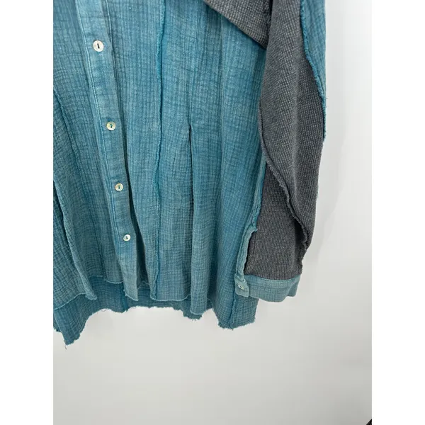 Sewn + Seen Whiskey Shacket Teal Blue‎ Cotton Gauze Mixed Media Waffle Knit Sz M - Image 4