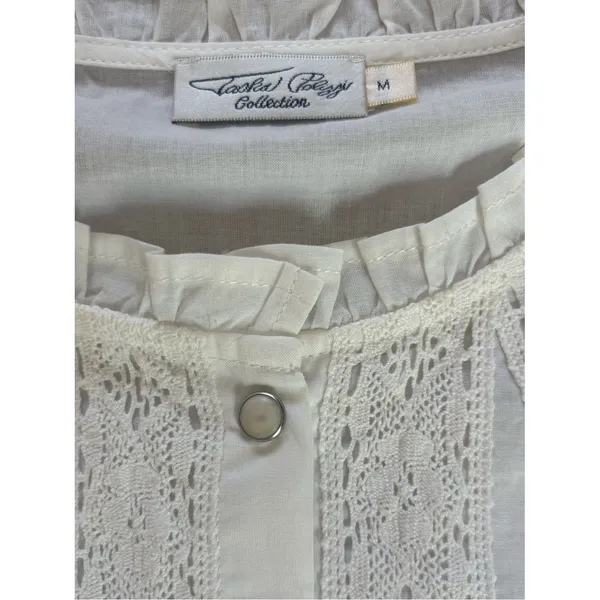 Tasha Polizzi White Cotton Lace Victorian Peasant Button Up Blouse Womens Medium - Image 6