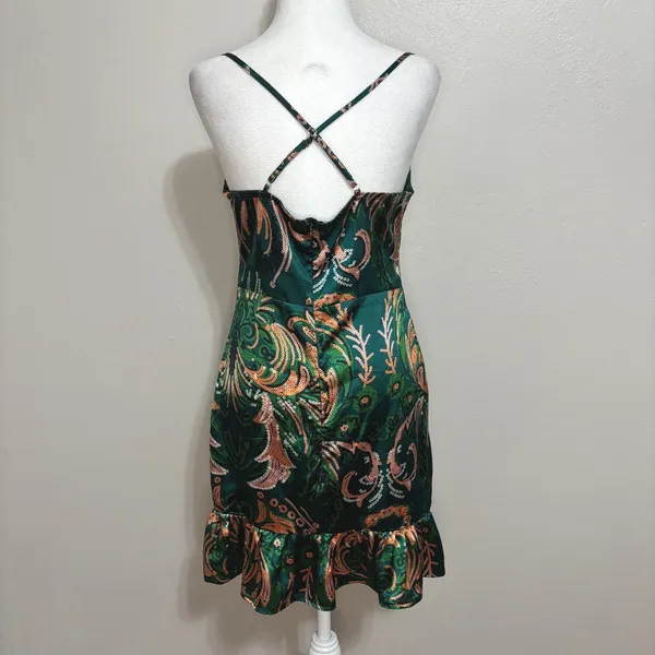 Satin Mini Slip Dress Green Ruffle Hem Cowl Neck Clubbing Party Glam Going Out M - Image 4