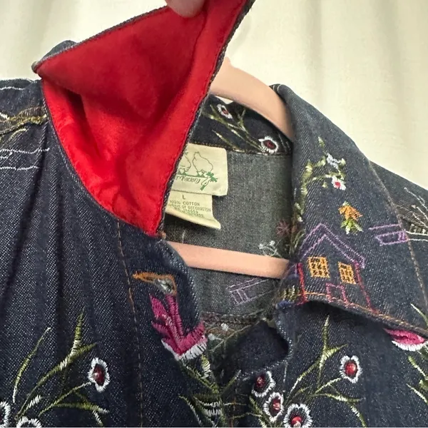 Quacker Factory Jacket Embroidered Floral Blue Denim Jean Trucker Women's Size L - Image 6