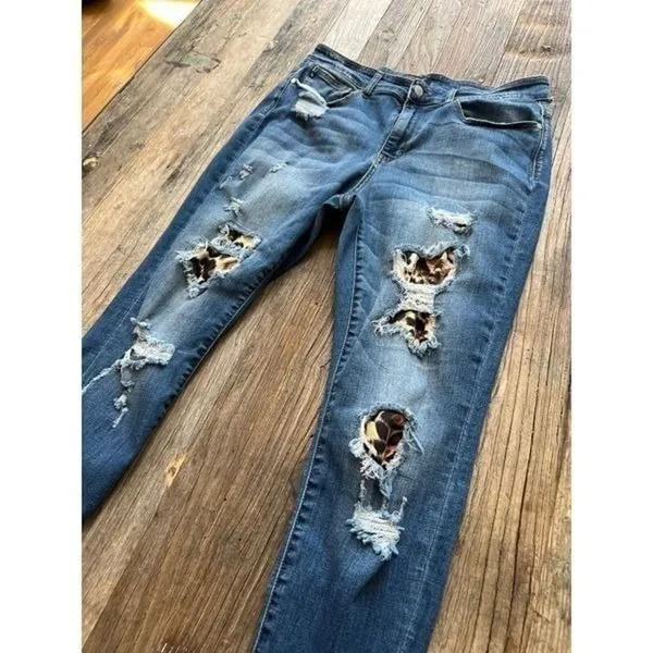 Judy Blue Skinny Fit Leopard Lined Jeans Womens 16W Distressed Stretch‎ Denim - Image 2