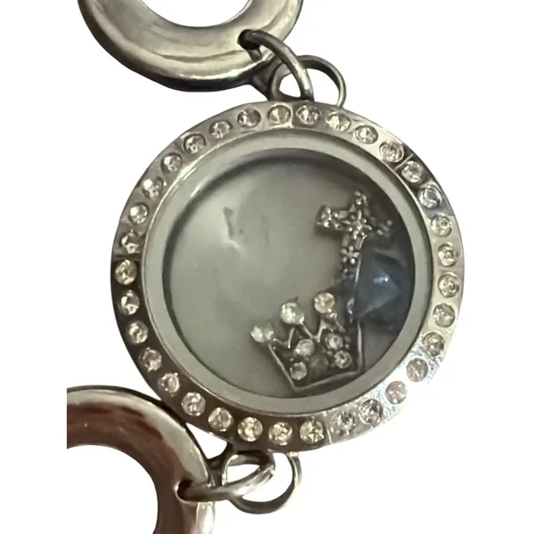 Silver Tone Circle Link Bracelet Rhinestone Crown Charm Pendant Cross Crown Adj - Image 2