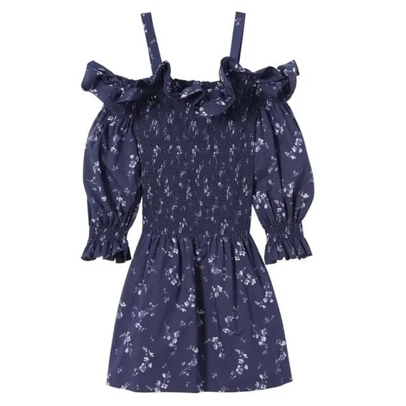 Revolve‎ REBECCA TAYLOR Francine Off Shoulder Dress Floral Smocked Navy Blue 0 - Image 14