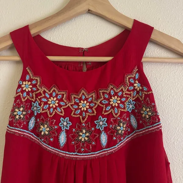 Sabine Red Chiffon Boho Colorful Floral Beaded Maxi Formal Dress Size Small - Image 2