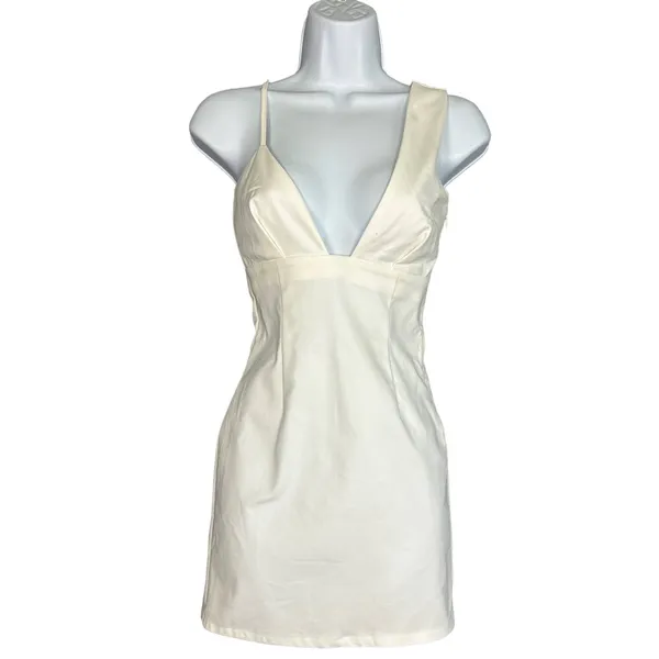 Superdown White Bodycon Slip Dress SMALL Plunging Asymmetrical Club Revolve NEW - Image 4