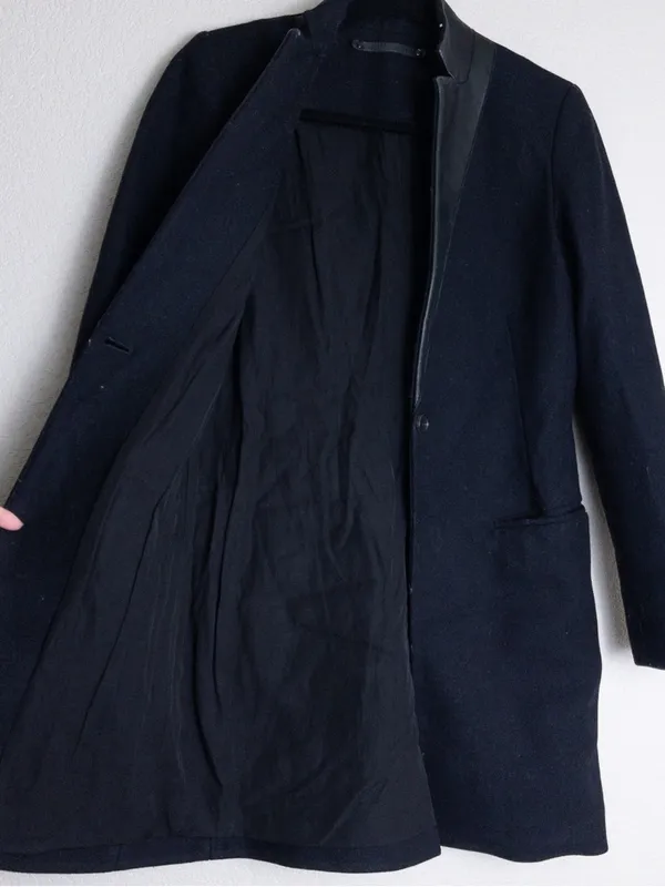 AllSaints Lorie Wool Long Coat 2 Ink Black Slim Fit Single Breasted Leather - Image 5