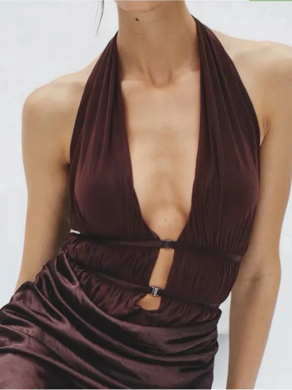 Misha Halter Cutout Satin Maxi Dress in Deep Brown - Image 8