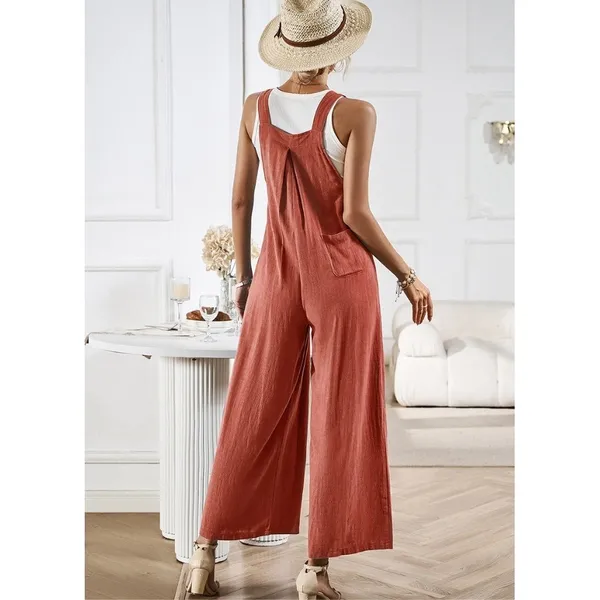 Anrabess S Linen Wide Leg Jumpsuit Rust Orange Boho Summer Overalls Vacationwear - Image 2