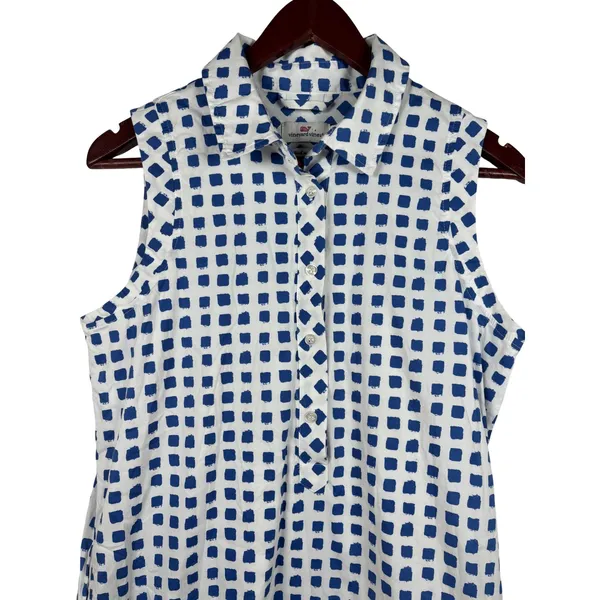 Vineyard Vines Shirt Dress 8 Blue White Block Print Sleeveless Made in Italy - Image 2